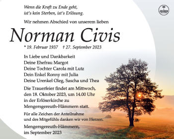Traueranzeige von Norman Civis von Südthüringer Presse