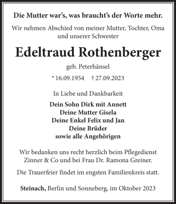 Traueranzeige von Edeltraud Rothenberger von Südthüringer Presse