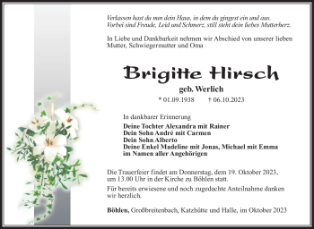 Traueranzeige von Brigitte Hirsch von Südthüringer Presse
