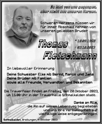 Traueranzeige von Thomas Fleischmann von Südthüringer Presse
