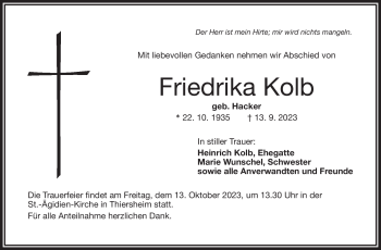Traueranzeige von Friedrika Kolb von Frankenpost