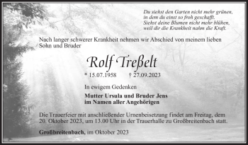 Traueranzeige von Rolf Treßelt von Südthüringer Presse