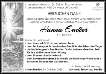 Traueranzeige von Hanna Endter von Südthüringer Presse