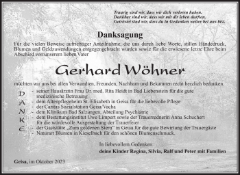 Traueranzeige von Gerhard Wöhner von Südthüringer Presse