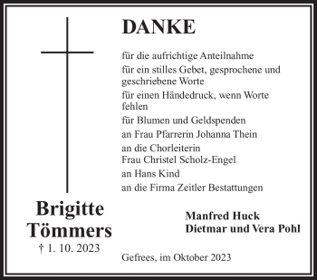 Traueranzeige von Brigitte Tömmers von Frankenpost
