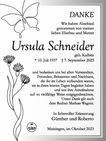 Traueranzeige von Ursula Schneider von Südthüringer Presse