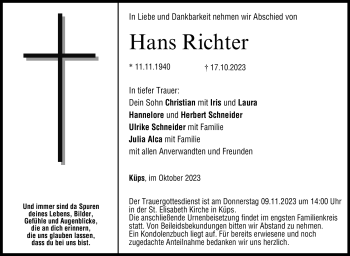 Traueranzeige von Hans Richter von Neue Presse Coburg