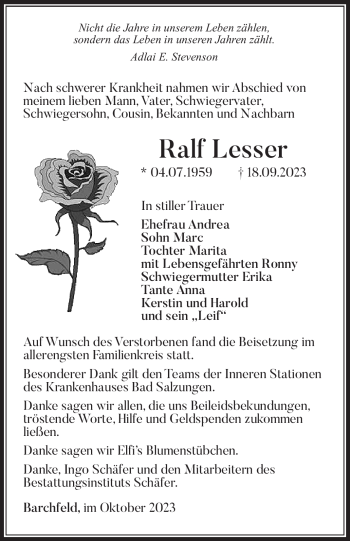 Traueranzeige von Ralf Lesser von Südthüringer Presse