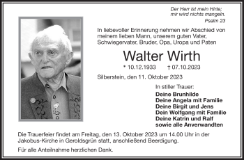 Traueranzeige von Walter Wirth von Frankenpost
