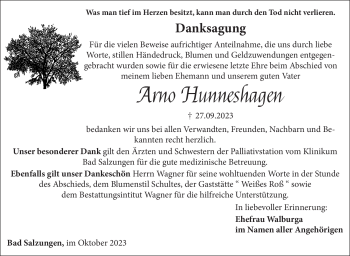 Traueranzeige von Arno Hunneshagen von Südthüringer Presse