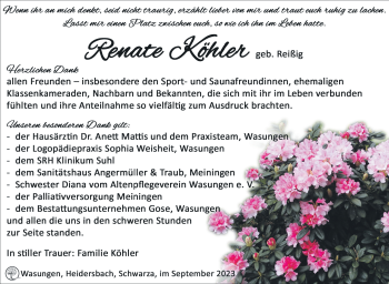 Traueranzeige von Renate Köhler von Südthüringer Presse