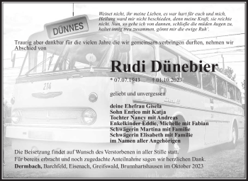 Traueranzeige von Rudi Dünebier von Südthüringer Presse