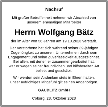 Traueranzeige von Wolfgang Bätz von Neue Presse Coburg