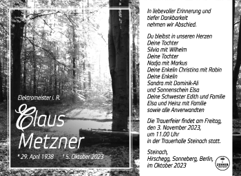 Traueranzeige von Claus Metzner von Südthüringer Presse