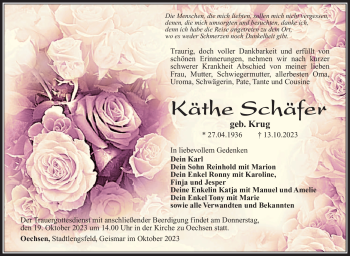 Traueranzeige von Käthe Schäfer von Südthüringer Presse
