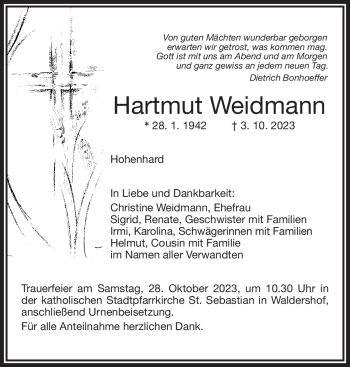 Traueranzeige von Hartmut Weidmann von Frankenpost