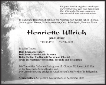 Traueranzeige von Henriette Ullrich von Südthüringer Presse