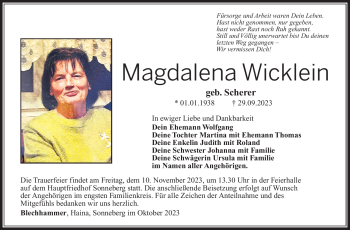 Traueranzeige von Magdalena Wicklein von Südthüringer Presse