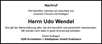 Traueranzeige von Udo Wendel von Frankenpost