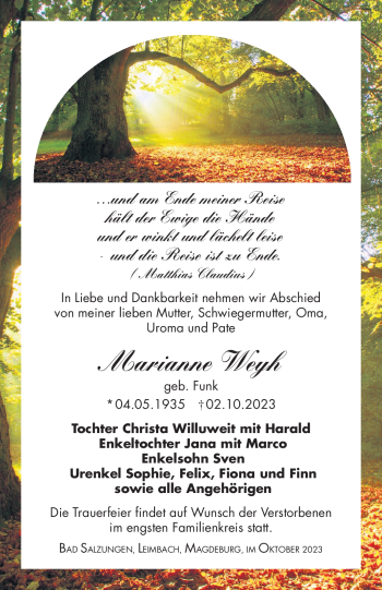 Traueranzeige von Marianne Weyh von Südthüringer Presse