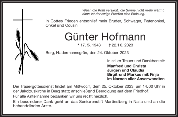 Traueranzeige von Günter Hofmann von Frankenpost