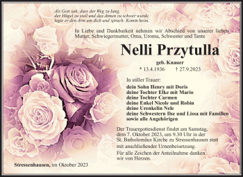 Traueranzeige von Nelli Przytulla von Südthüringer Presse