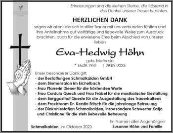 Traueranzeige von Eva-Hedwig Höhn von Südthüringer Presse