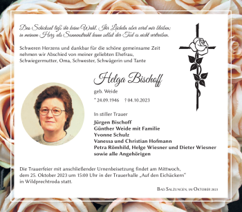 Traueranzeige von Helga Bischoff von Südthüringer Presse