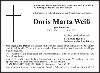 Traueranzeige von Doris Weiß von Südthüringer Presse