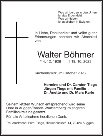 Traueranzeige von Walter Böhmer von Frankenpost