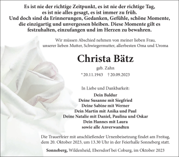 Traueranzeige von Christa Bätz von Südthüringer Presse