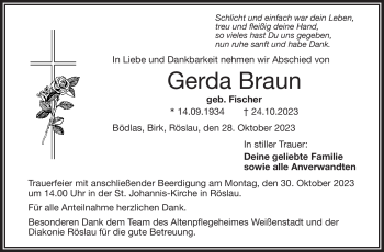 Traueranzeige von Gerda Braun von Frankenpost