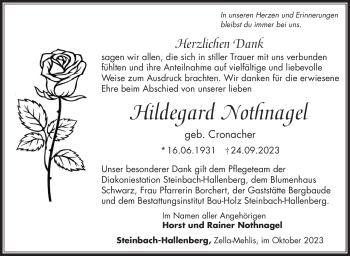 Traueranzeige von Hildegard Nothnagel von Südthüringer Presse