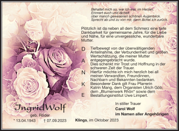 Traueranzeige von Ingrid 'Wolf von Südthüringer Presse