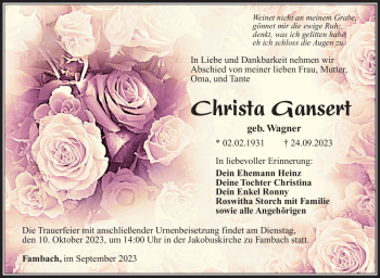 Traueranzeige von Christa Gansert von Südthüringer Presse