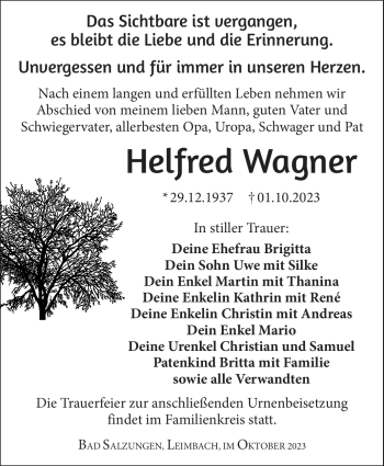 Traueranzeige von Helfred Wagner von Südthüringer Presse