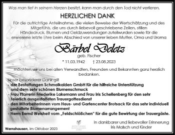 Traueranzeige von Bärbel Deletz von Südthüringer Presse