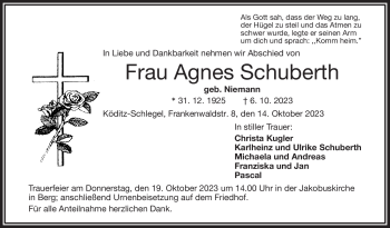 Traueranzeige von Agnes Schuberth von Frankenpost