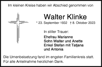 Traueranzeige von Walter Klinke von Frankenpost