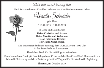 Traueranzeige von Ursula Schneider von Südthüringer Presse