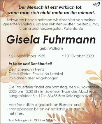 Traueranzeige von Gisela Fuhrmann von Südthüringer Presse