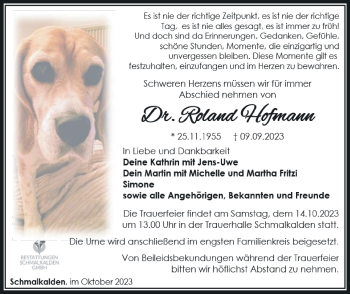 Traueranzeige von Roland Hofmann von Südthüringer Presse