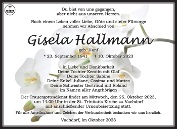 Traueranzeige von Gisela Hallmann von Südthüringer Presse