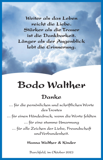 Traueranzeige von Bodo Walther von Südthüringer Presse