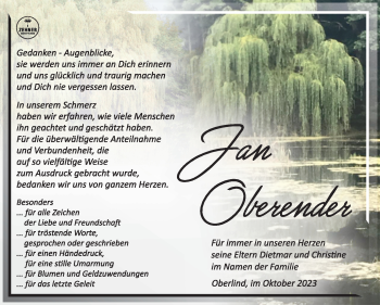Traueranzeige von Jan Oberender von Südthüringer Presse