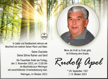 Traueranzeige von Rudolf Apel von Südthüringer Presse