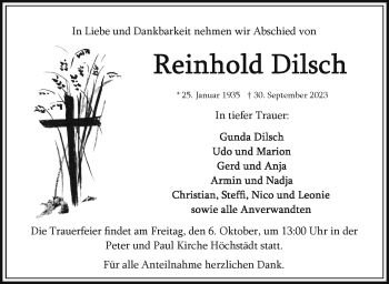 Traueranzeige von Reinhold Dilsch von Frankenpost