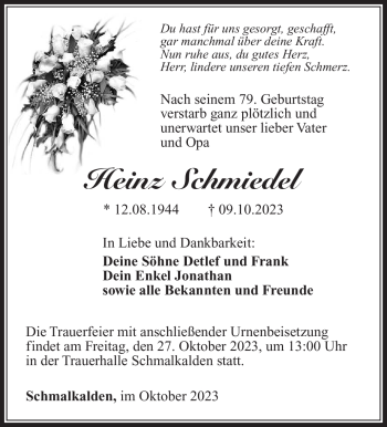 Traueranzeige von Heinz Schmiedel von Südthüringer Presse