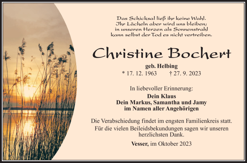  Traueranzeige für Christine Bochert vom 14.10.2023 aus Südthüringer Presse