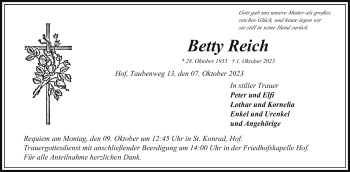 Traueranzeige von Betty Reich von Frankenpost